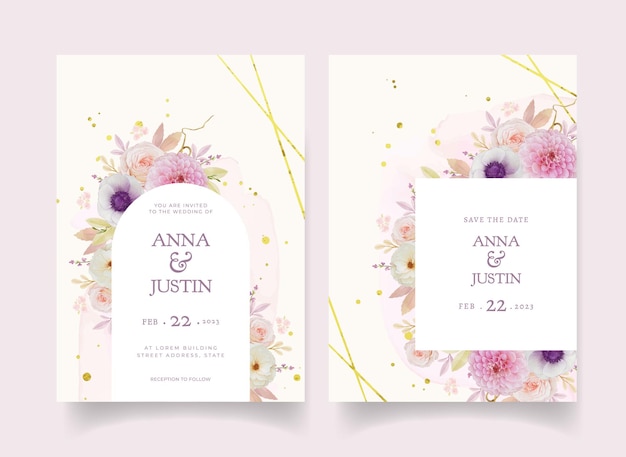 Free vector wedding invitation with watercolor rose dahlia and anemone flower