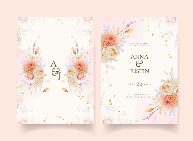 Wedding invitation with watercolor rose and dahlia flower