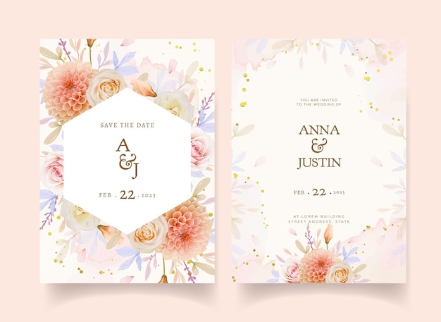 Free vector wedding invitation with watercolor rose and dahlia flower