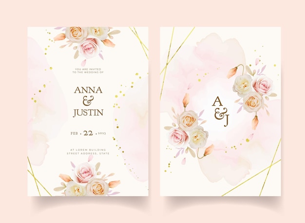 Приглашение на свадьбу с акварельной розой и цветком георгина