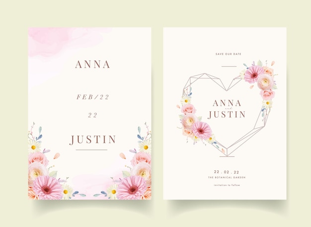 Wedding invitation with watercolor roses and gerbera