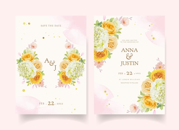 Free vector wedding invitation with watercolor roses and hydrangea