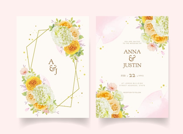 Free vector wedding invitation with watercolor roses and hydrangea