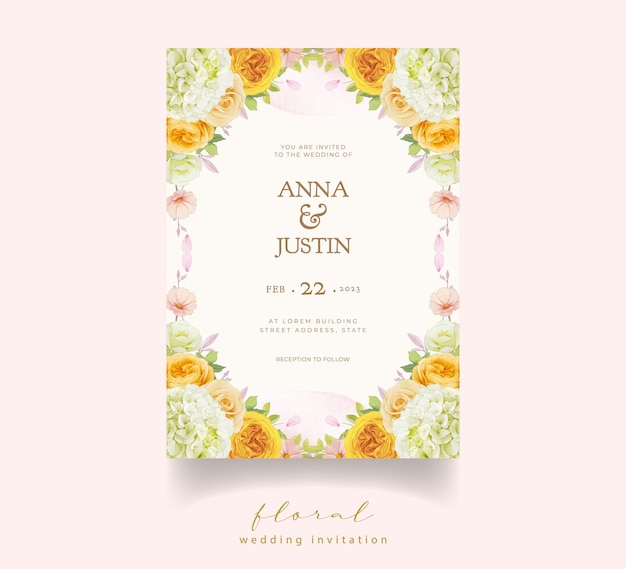 Wedding invitation with watercolor roses and hydrangea