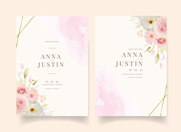Wedding invitation with watercolor roses and pink dahlia