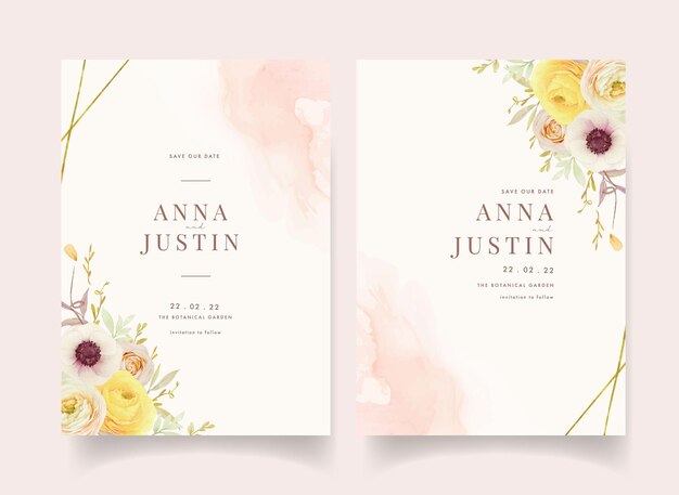 Wedding invitation with watercolor roses ranunculus and anemone flowers