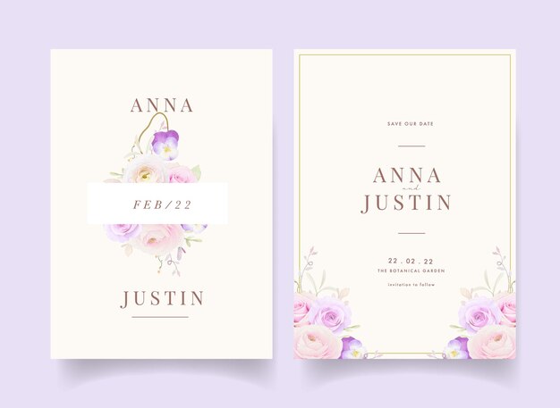 Wedding invitation with watercolor roses ranunculus and pansy flower
