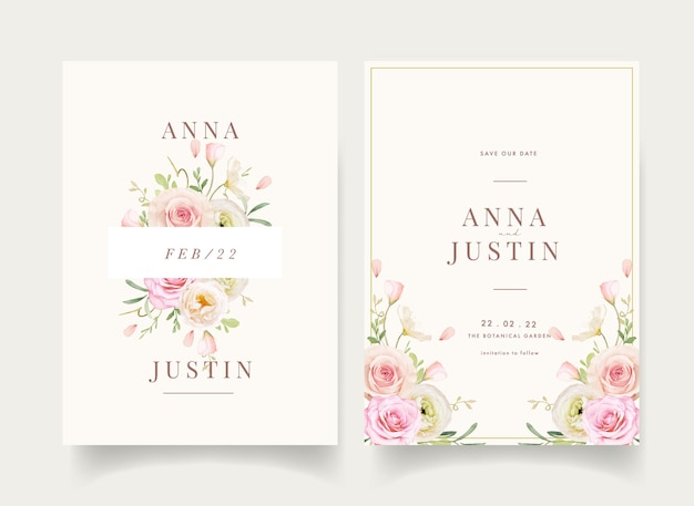 Free vector wedding invitation with watercolor roses and ranunculus