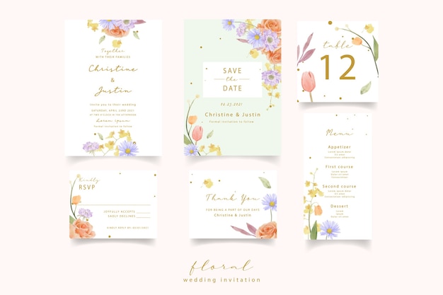 Free vector wedding invitation with watercolor roses, tulips and scabiosa flowers