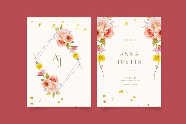 Wedding invitation with watercolor roses and zinnia