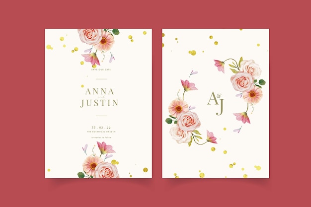 Free vector wedding invitation with watercolor roses and zinnia