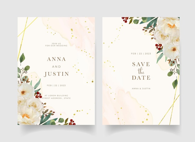 Wedding invitation with watercolor white rose and peony flower