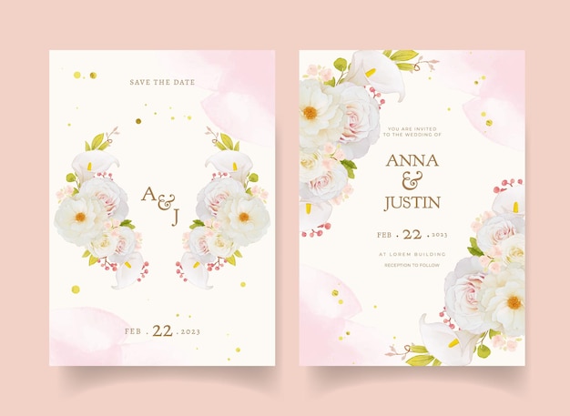 Free vector wedding invitation with watercolor white roses and calla lily