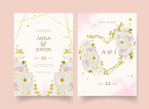 Free vector wedding invitation with watercolor white roses and calla lily