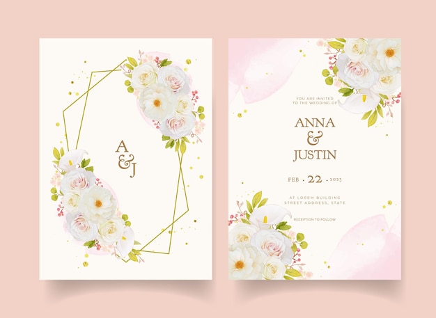 Wedding invitation with watercolor white roses and calla lily