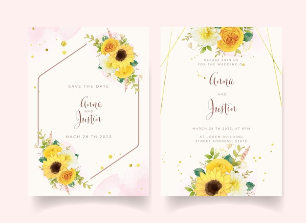 Wedding invitation with watercolor yellow flowers