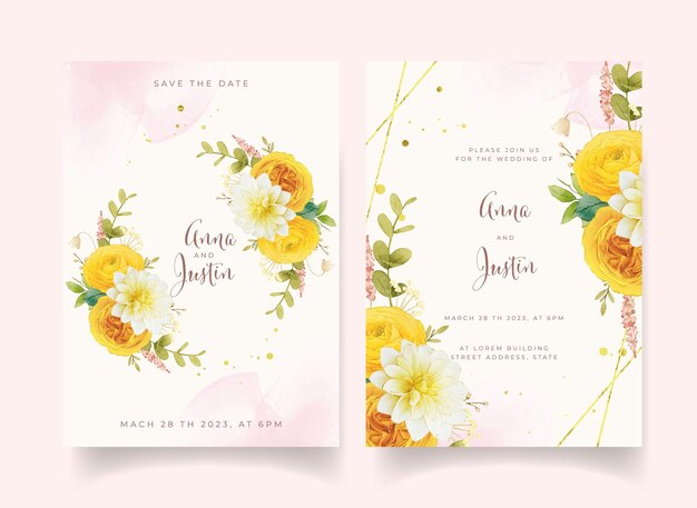 Wedding Invitation With Watercolor Yellow Flowers