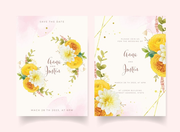 水彩の黄色い花と結婚式の招待状