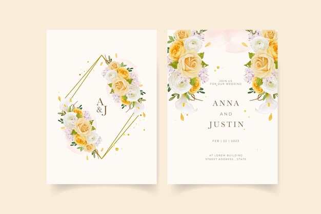 水彩​の​黄色い​バラ​の​ユリ​と​ラナンキュラス​の​花​の​結婚式​の​招待状