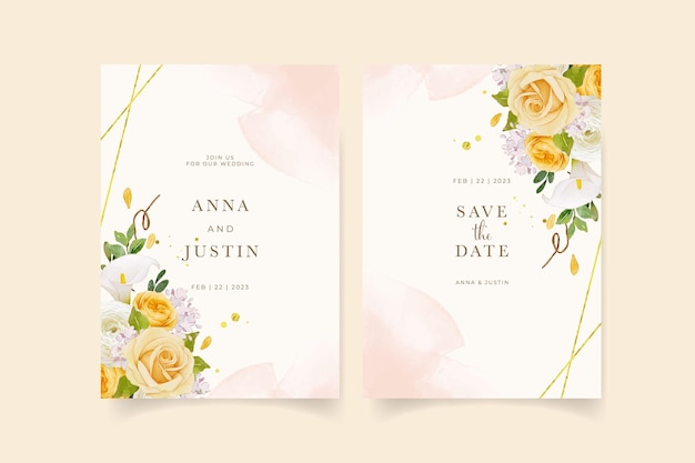 Free vector wedding invitation with watercolor yellow rose  lily  and ranunculus flower