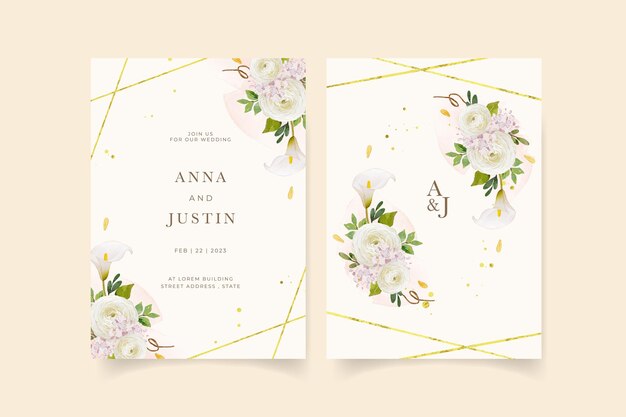 水彩の黄色いバラのユリとラナンキュラスの花の結婚式の招待状