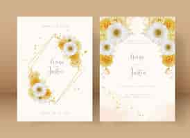 Free vector wedding invitation with watercolor yellow rose and white gerbera flower