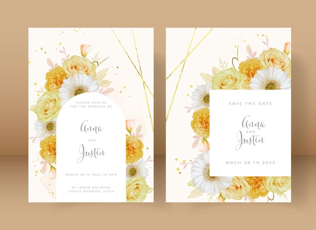 Free vector wedding invitation with watercolor yellow rose and white gerbera flower