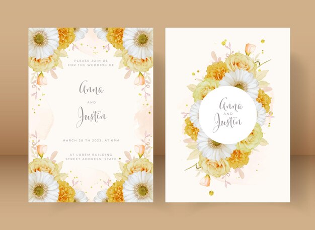 水彩の黄色いバラと白いガーベラの花と結婚式の招待状