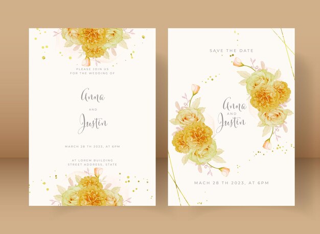 Wedding invitation with watercolor yellow rose and white gerbera flower