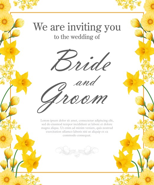 Wedding invitation with yellow daffodils and gerberas. 