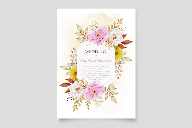 花と葉の飾りと結婚式の招待状
