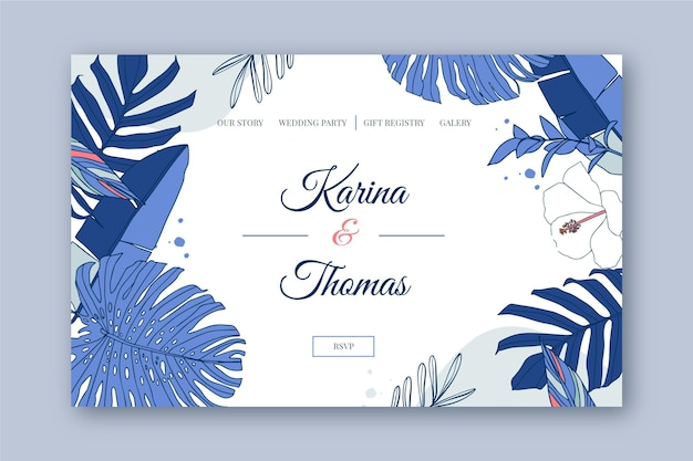 Wedding landing page design template with botanical illustration
