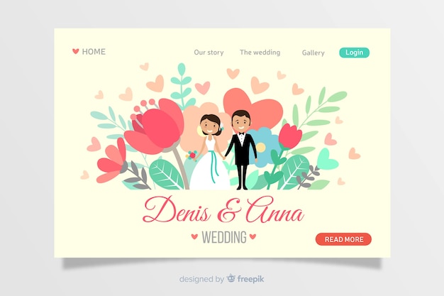 Vettore gratuito design piatto per la pagina di destinazione per matrimoni