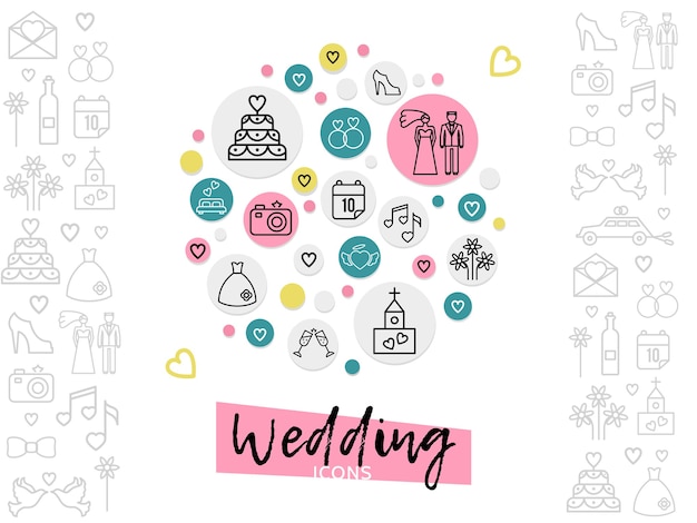 Wedding line icons concept with couple cake shoe rings date church fireworks camera dress