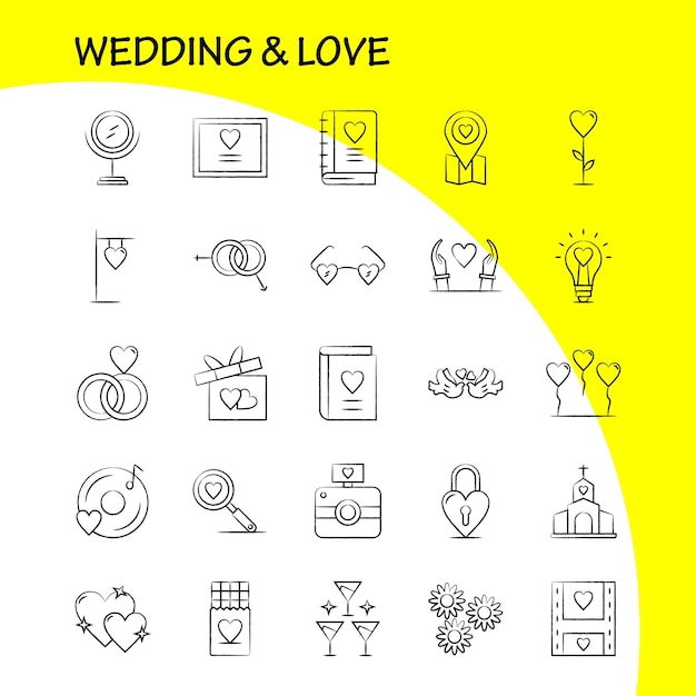 Infographics 모바일 UXUI 키트 및 인쇄 디자인에 대한 결혼식 및 사랑 손으로 그린 아이콘 설정 전구 아이디어 사랑 심장 결혼 영화 비디오 사랑 아이콘 세트 벡터 포함