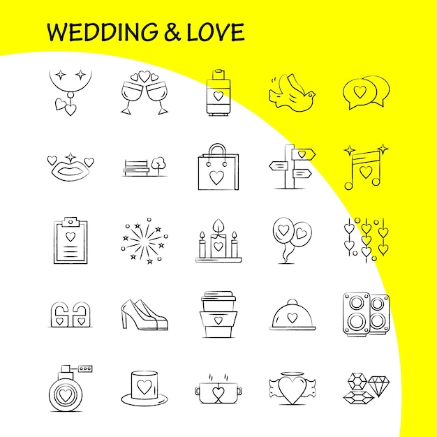 Free vector wedding and love hand drawn icons set for infographics mobile uxui kit and print design include clipboard heart love text firework fire love wedding icon set vector