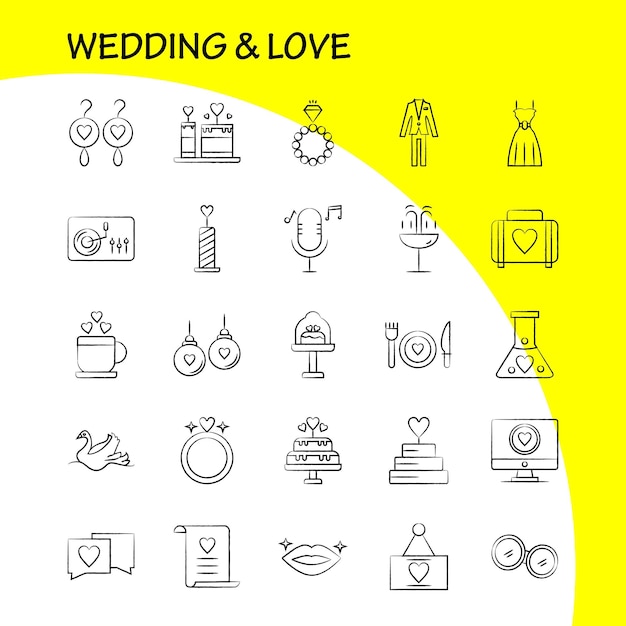 결혼식과 사랑 손으로 그린 아이콘 인포그래픽 모바일 UXUI 키트 및 인쇄 디자인에 대해 설정 컵 차 사랑 웨딩 하트 캔들 라이트 러브 아이콘 세트 벡터 포함