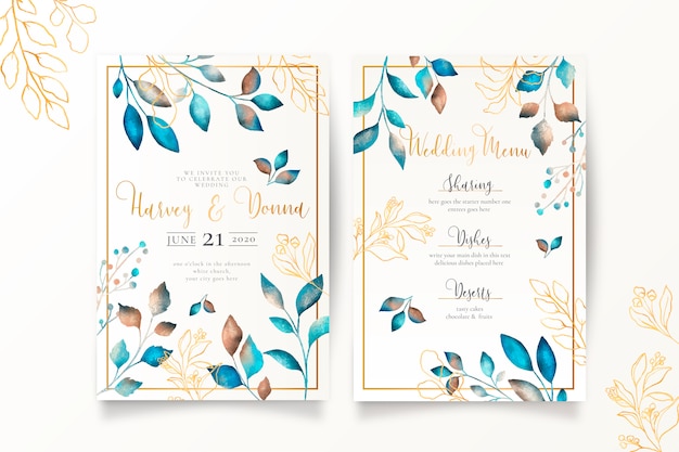 Wedding menu and invitation template with metallic leaves