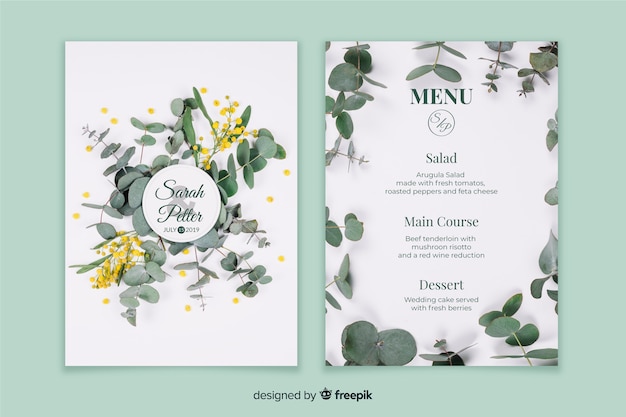 Free vector wedding menu template with photo