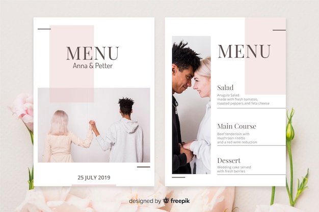 Free vector wedding menu template with photo