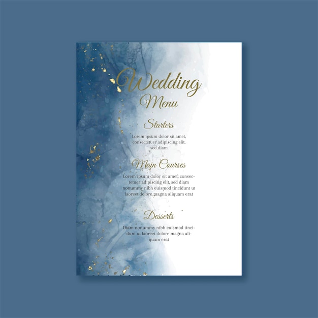 Wedding menu with hand painted watercolour design with gold glitter