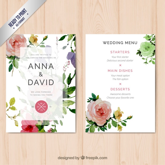 Бесплатное векторное изображение Свадьба меню с акварельными цветами