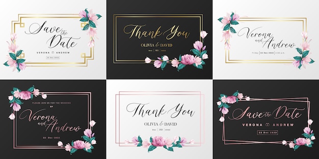 結婚式のモノグラムのロゴコレクション。招待カードデザインの水彩画の花のフレーム。