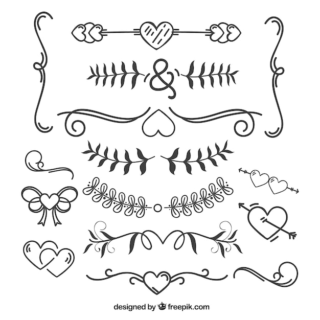 Stile disegnato della raccolta degli ornamenti di nozze a disposizione