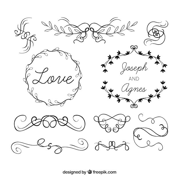 Free vector wedding ornaments collection with flowers