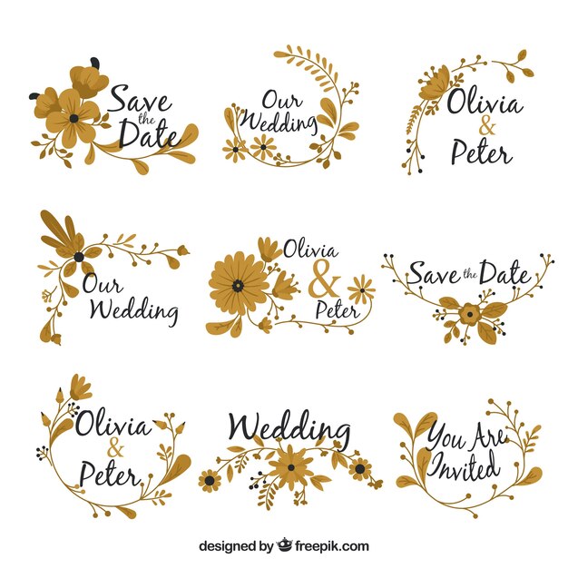 Wedding ornaments collection with golden flowers