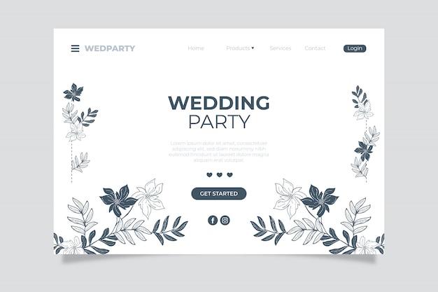 Wedding Party Landing Page with Hand Drawn Floral Elements (Free Vector Download)