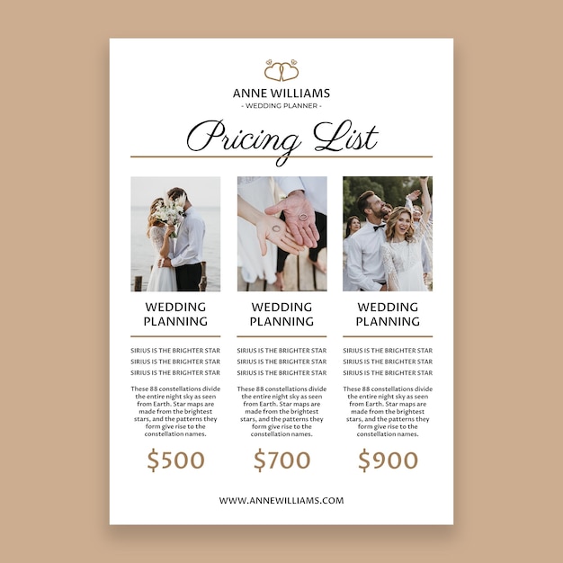 Free vector wedding planner price list template