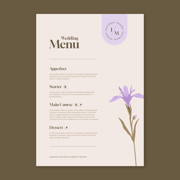 Vettore gratuito progettazione del modello di menu per la pianificazione del matrimonio