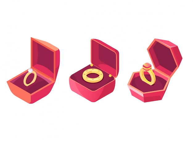 Free vector wedding rings in luxury cases isometric vector